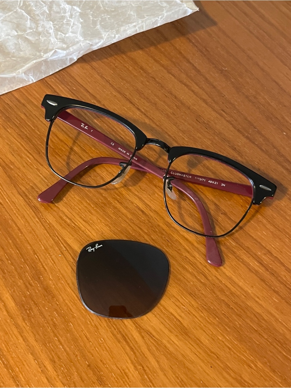 Ray-Ban Black Front with Burgundy Temples Clubmaster Optical Frames